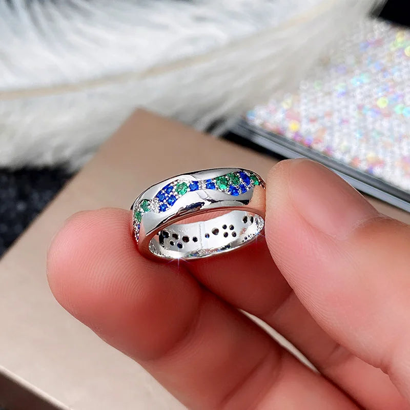 Paved Green/Blue CZ Band Rings for Women High Quality Silver Color Elegant Lady's Finger Ring Trendy Jewelry Drop Ship
