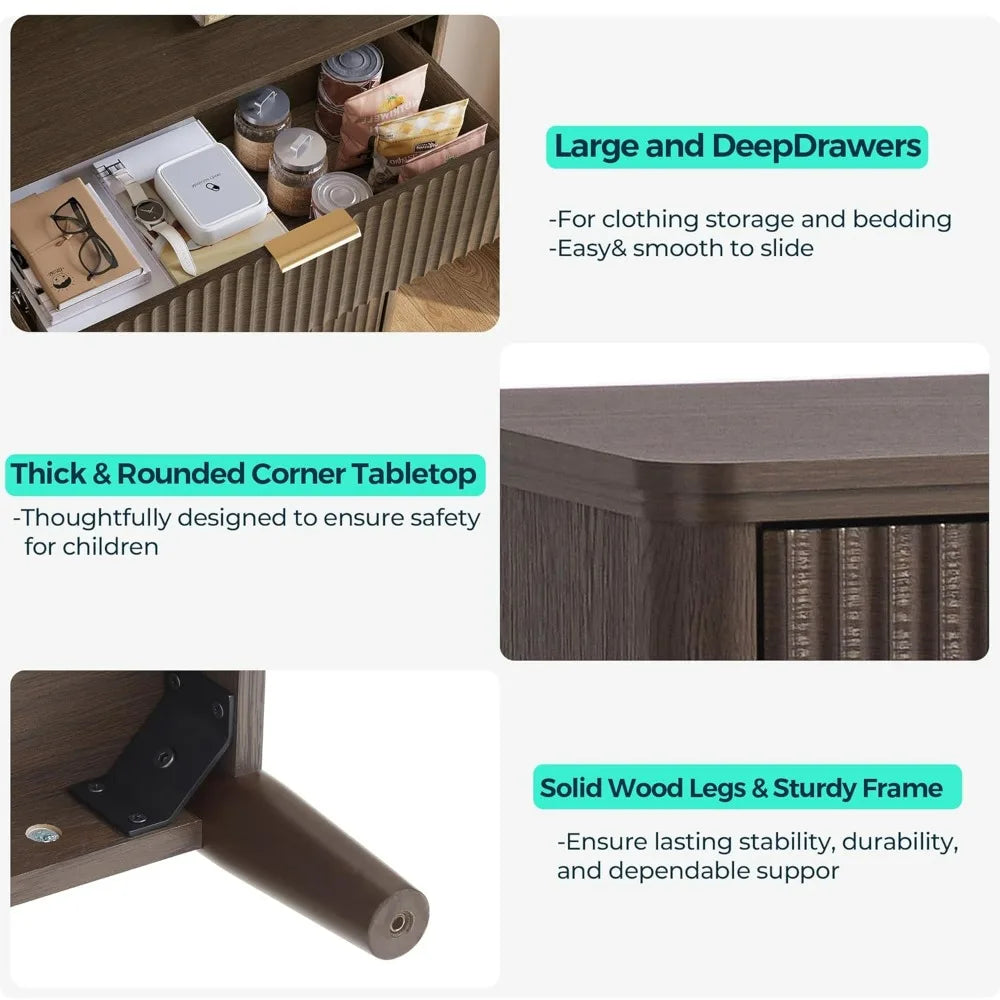 Customizable Contemporary Fluted Wood Dresser With Gold Hardware For Storage