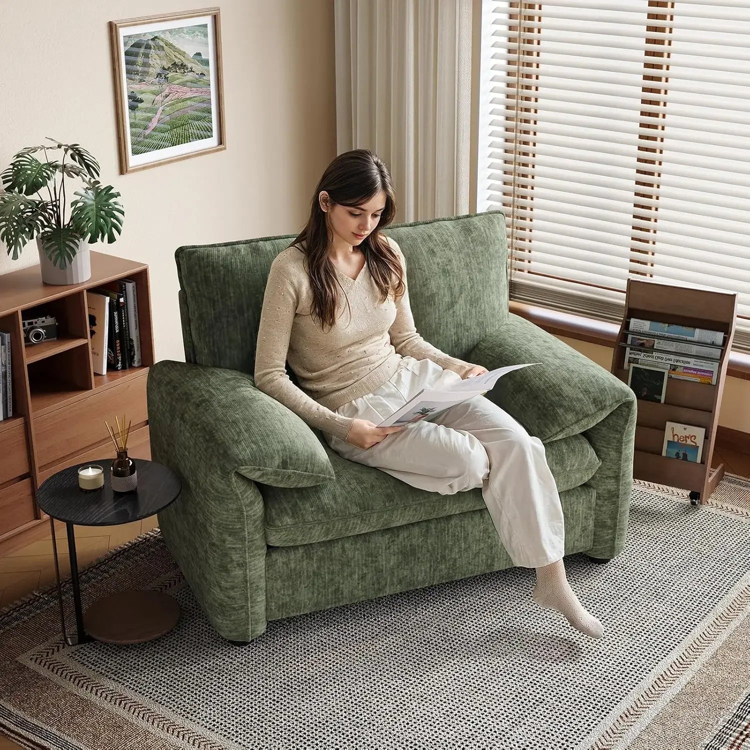 Oversized Accent Chair, 42 Inch Chenille Fabric Armchair, Comfy Single Sofa Chair with Padded Arms, Pocket Spring Cushion