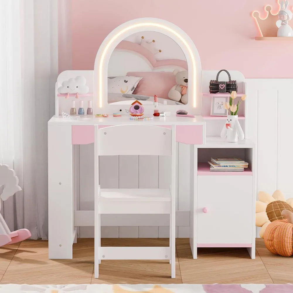 Children's Princess Makeup Vanity with Illuminated Mirror, Storage, and Bookshelf Combo