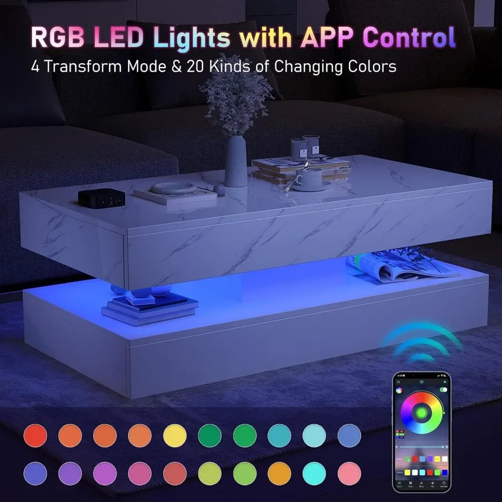 LED Coffee Table with Storage Drawers, Modern High Gloss Coffee Table  LED Lights,  Rectangle Center Table