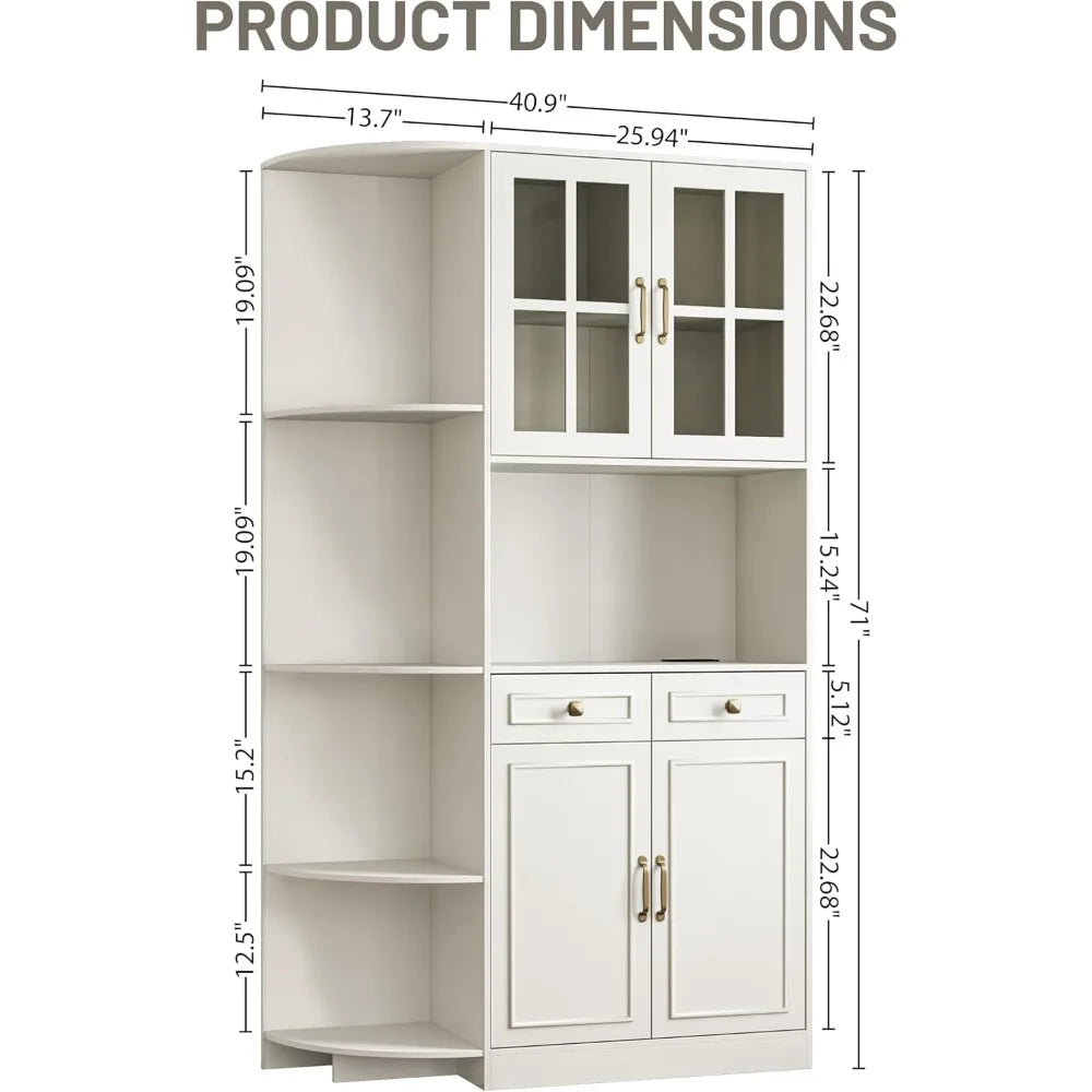 71" Tall Corner Pantry Storage Cabinet with Charging Station, 40" wide Kitchen Hutch Cabinet with 4 doors and 2 Drawers, Farmhouse