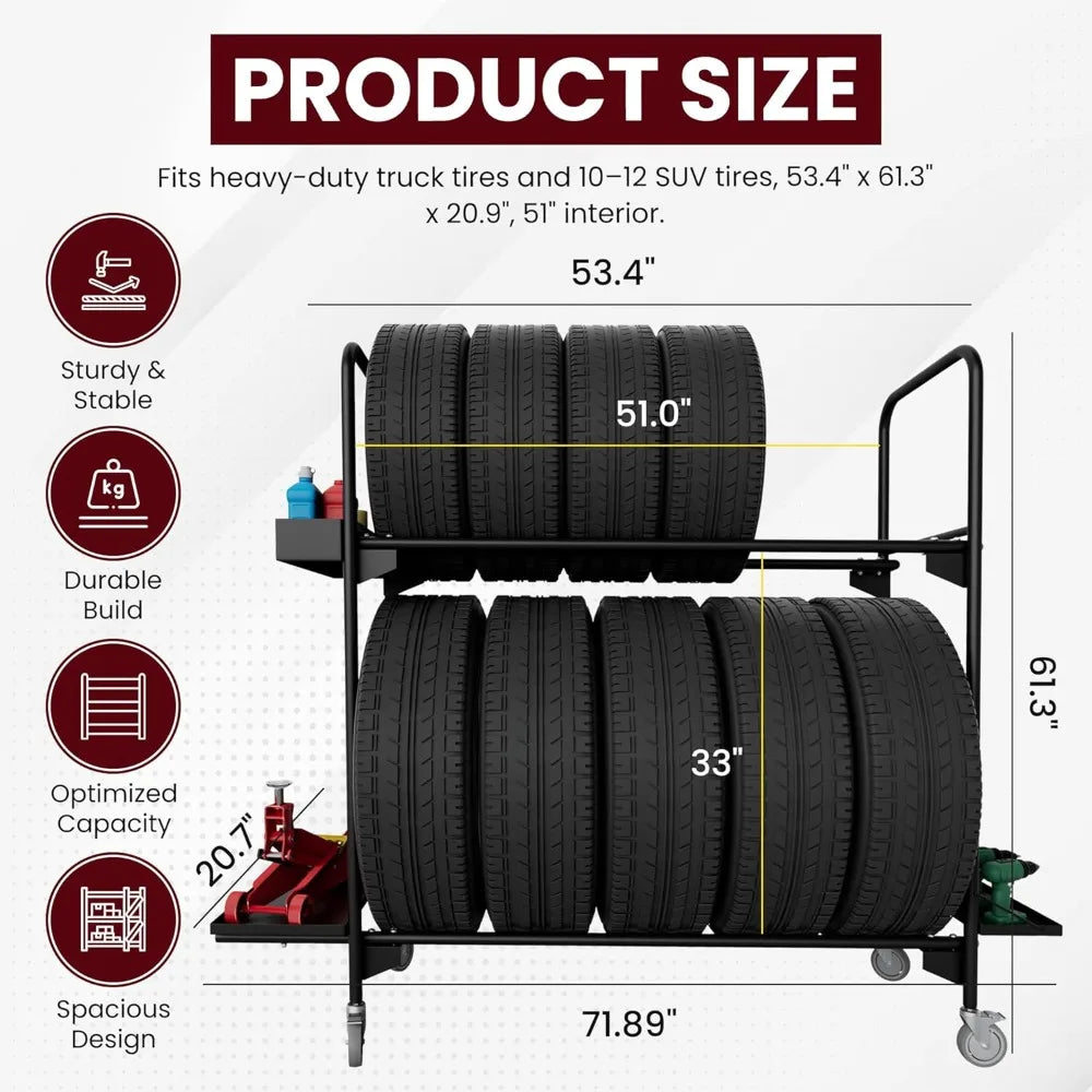 Garage Tire Storage Rack with Heavy-Duty Wheels and 5 Casters
