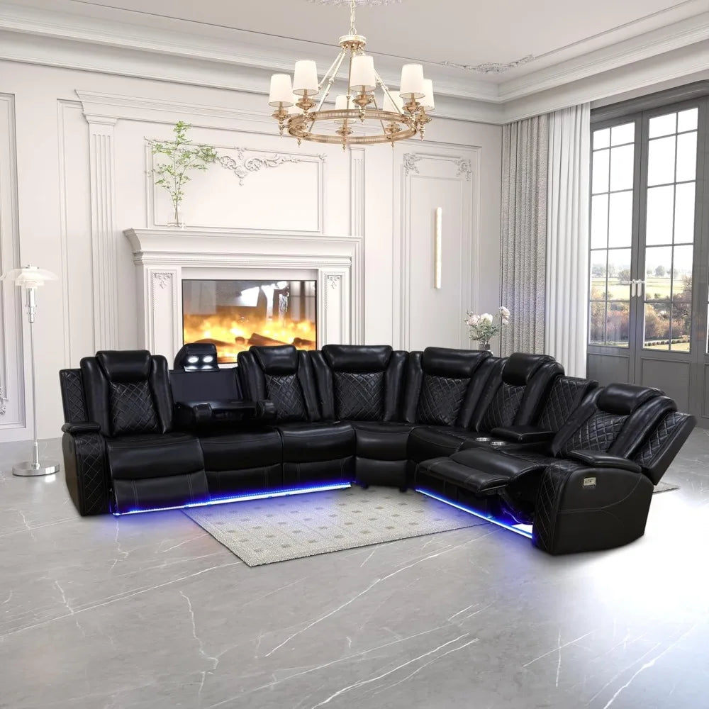 Power Recliner Sectional Sofa with LED Lights, USB Ports & Cup Holders - 6 Seater Living Room Set