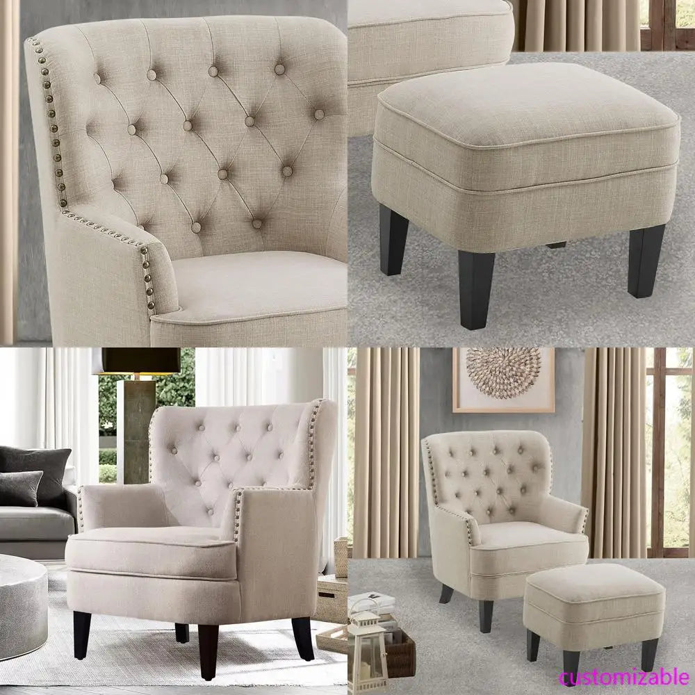 Mid-Century Modern Upholstered Accent Chair and Ottoman Set