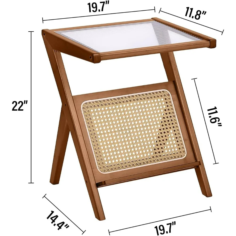 Mid-Century Bamboo Side Table, Rattan Nightstand Accent, Bohemian Wood End Table with Glass Top
