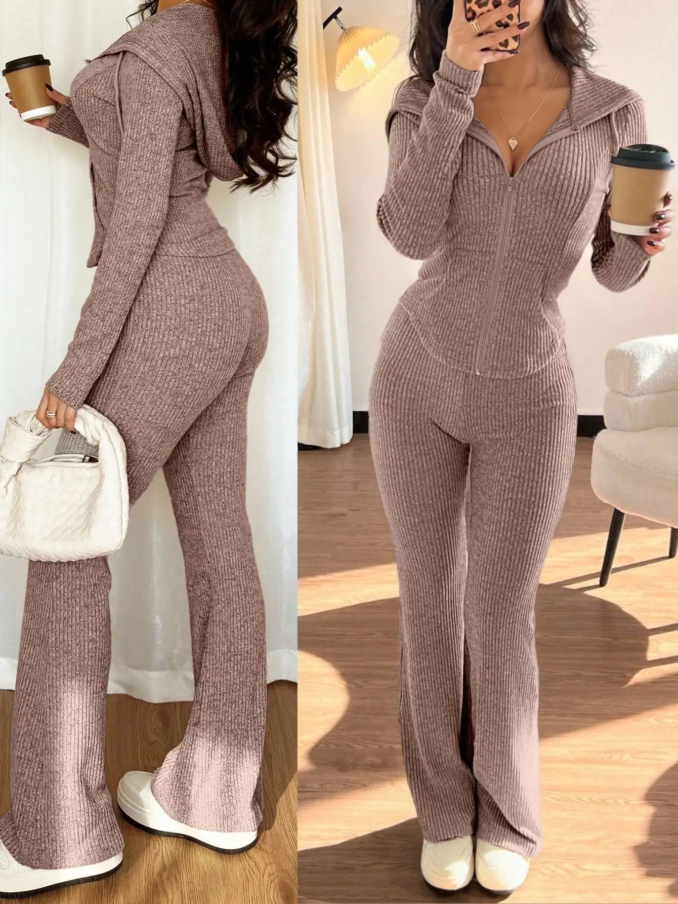 Women's Ribbed Knit Hooded Zip-Up Sweatshirt & Flare Pants/ 2-Piece Set for Autumn/ Winter/ Casual Wear