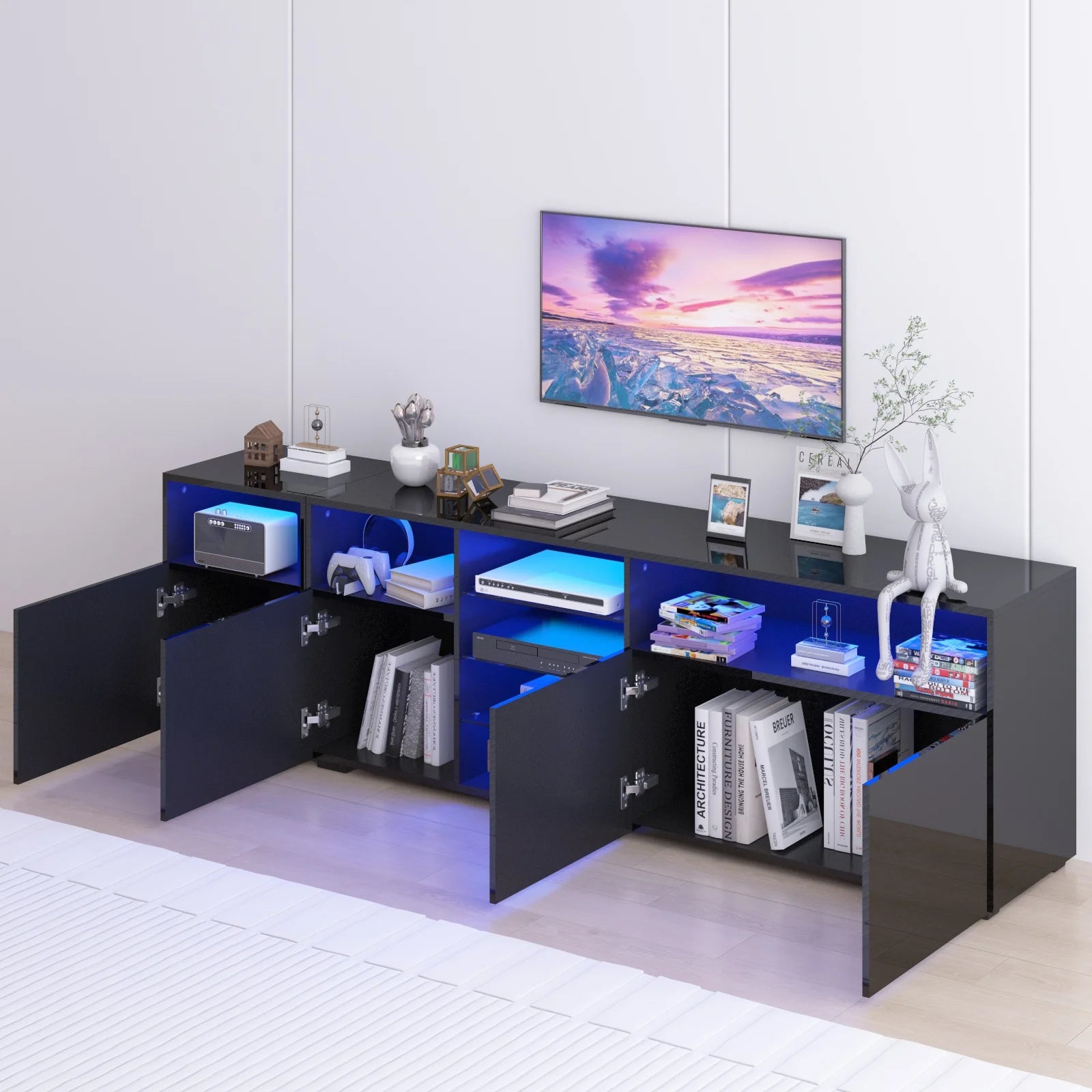 79" LED TV Stand for 75/80/85" TV,  High Gloss TV Cabinet w/Adjustable Storage Shelf, Modern Entertainment Center, White/Black