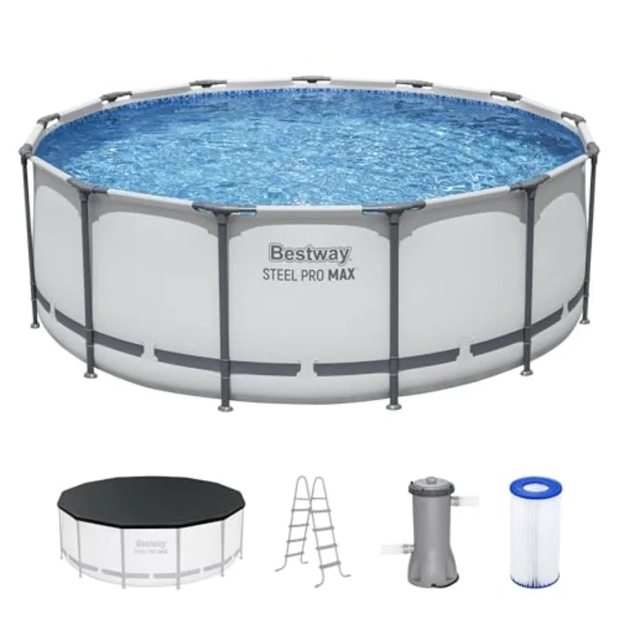 Steel Pro MAX 13' x 48" Above Ground Pool Round Metal Frame/ Outdoor Swimming Pool Set with Filter, Pump, Ladder, and Cover Gray
