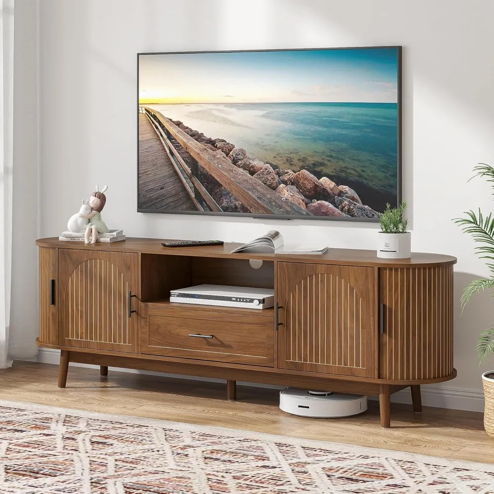 70" Fluted TV Stand for Tvs up to 80", Mid-Century Modern Entertainment Center with Drawers and Fluted Doors,