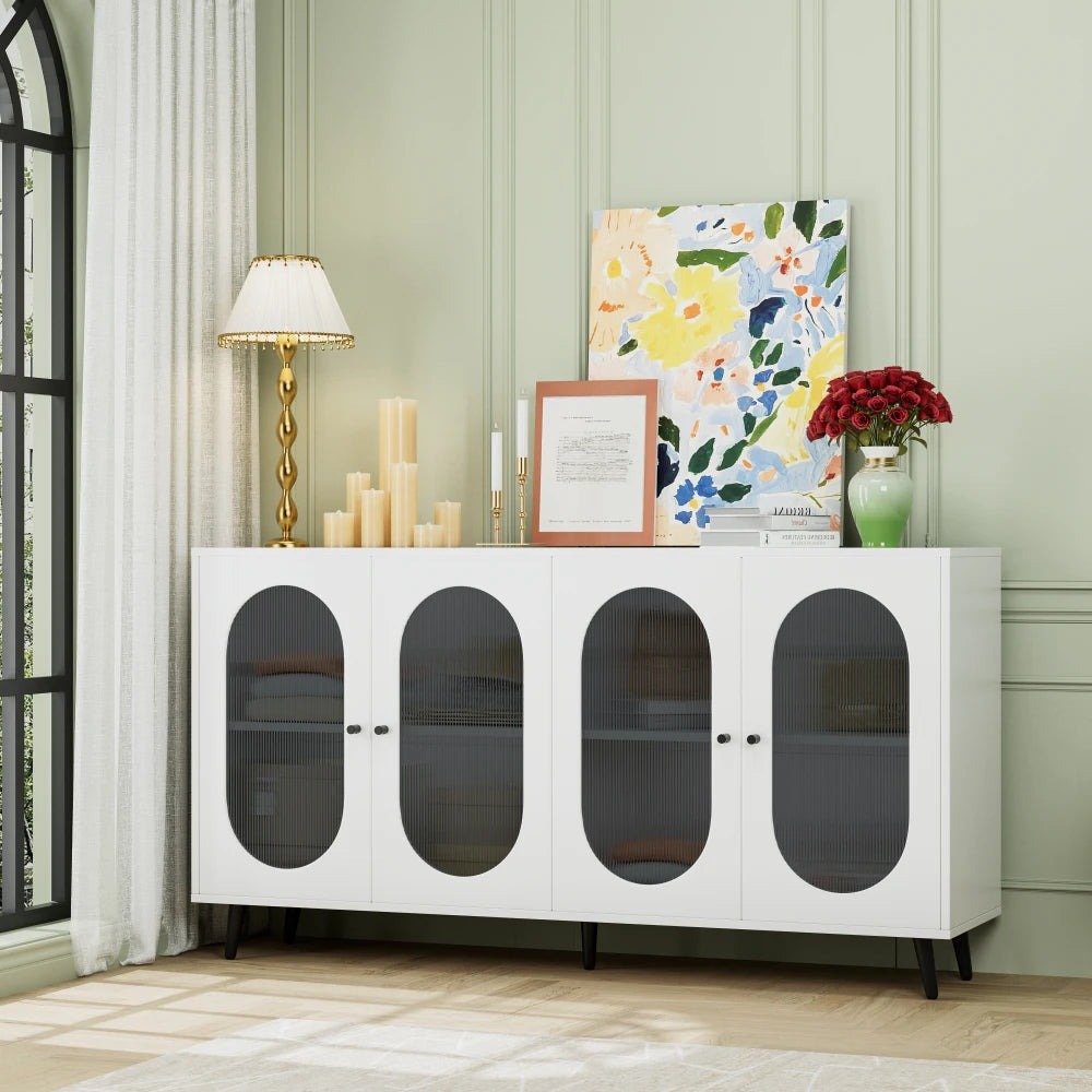 Buffet Cabinet 60'' Storage Cabinet/ 4 Acrylic Doors/ Accent Cabinet/ Sideboard Cabinet for Hallway /Entry /Living Room/ White