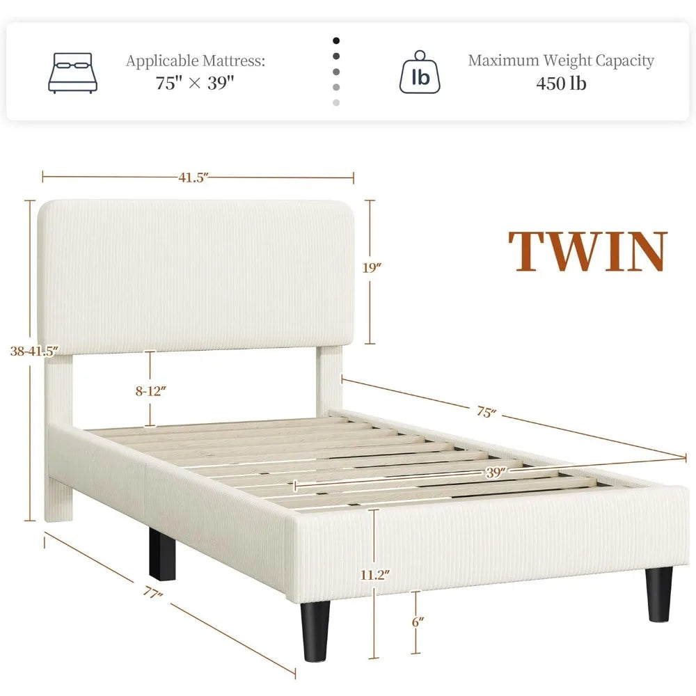 Twin Bed Frames with Adjustable Headboard, Chenille Fabric Upholstered Headboard/Platform Bed, Twin Size Bed Frame