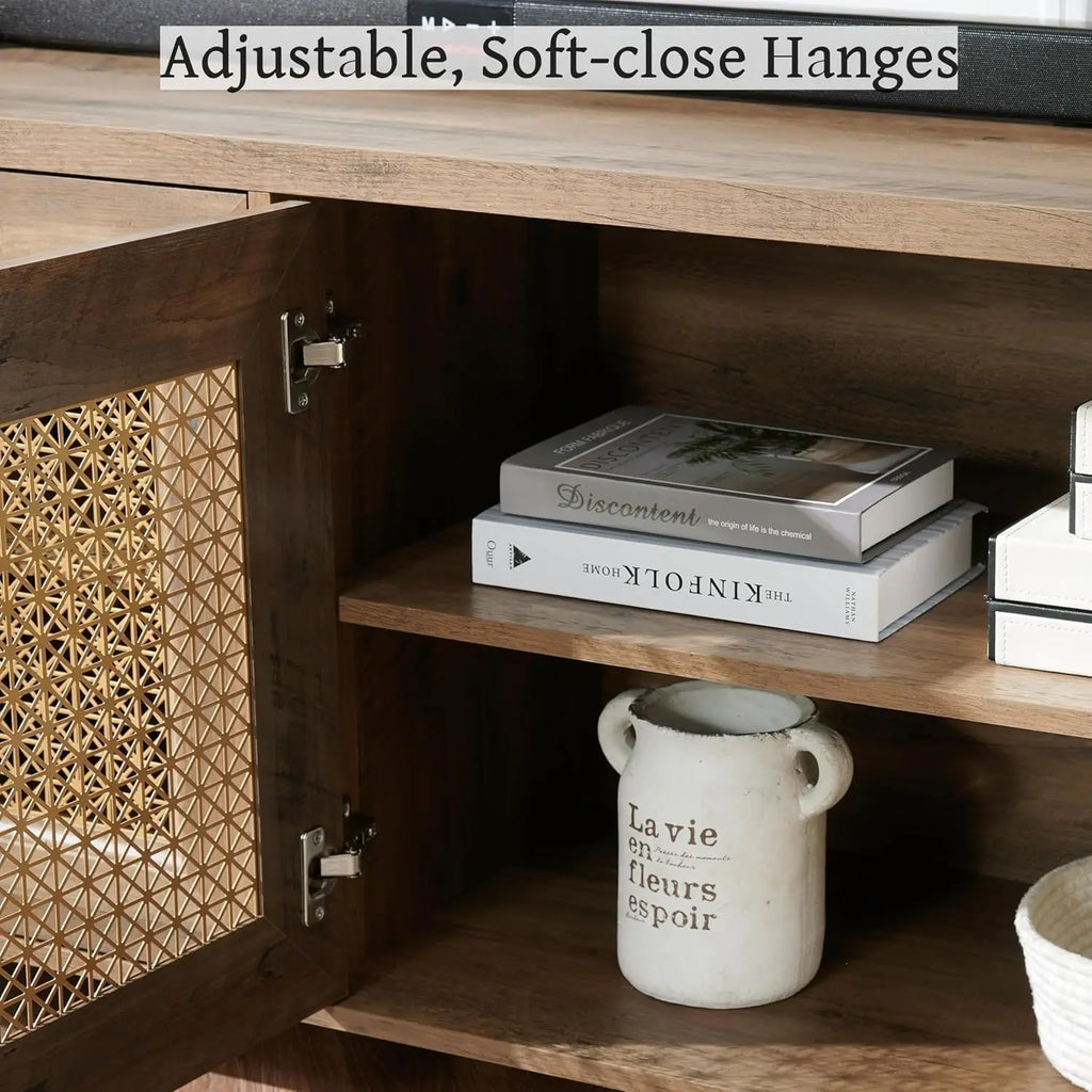 TV Stand for TVs Up to 75", 69.5" Rustic Oak Entertainment Center with 4 Gold Metal Mesh Doors