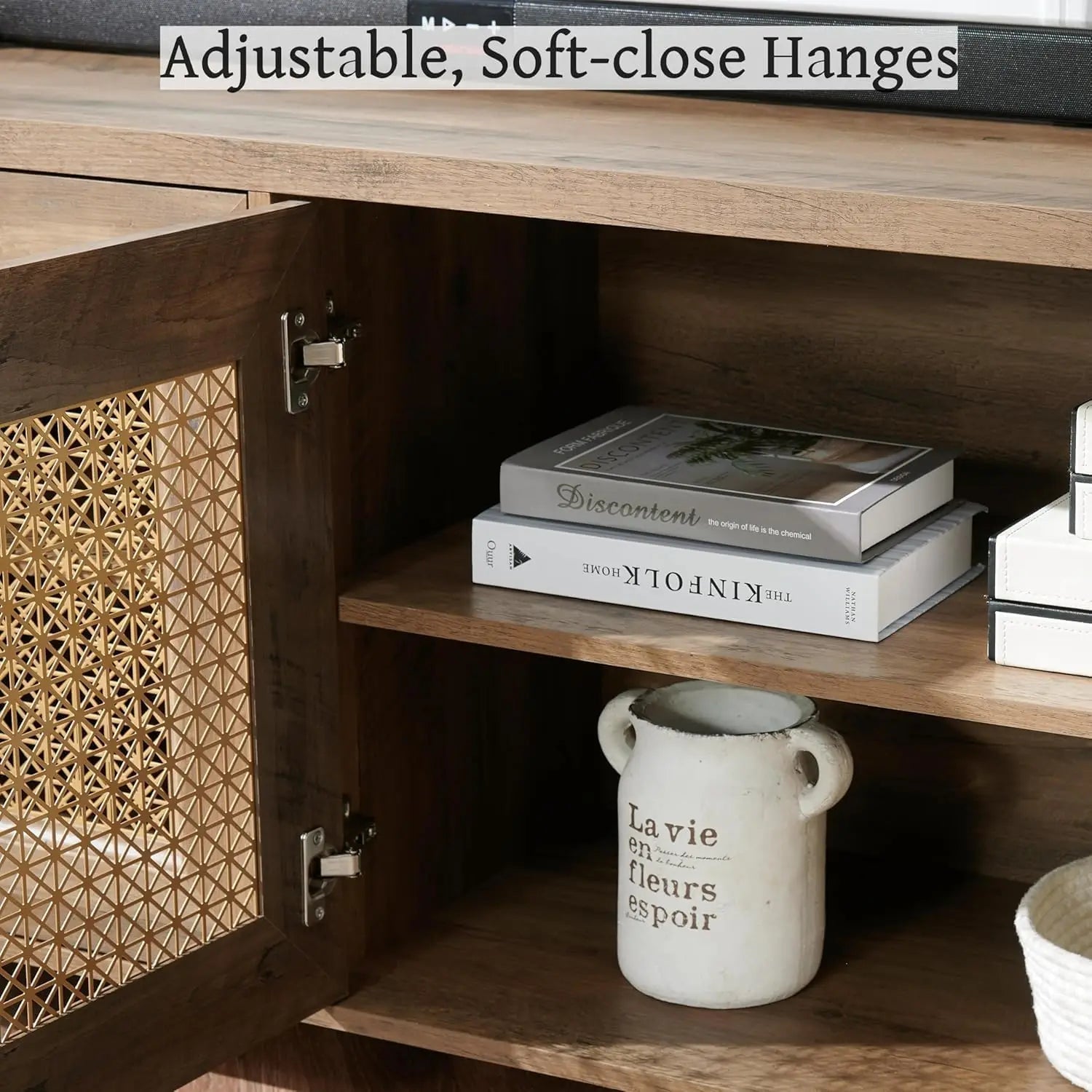 TV Stand for TVs Up to 75", 69.5" Rustic Oak Entertainment Center with 4 Gold Metal Mesh Doors