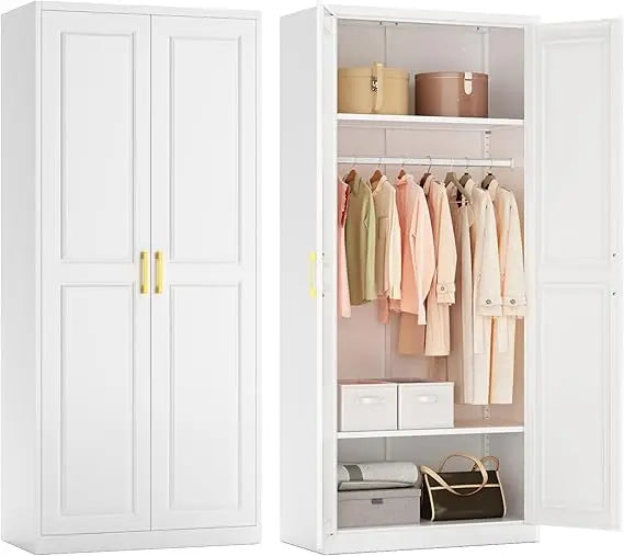 Freestanding 71-Inch Tall Metal Wardrobe with Hanging and Storage, Large Capacity Closet/ Cabinet