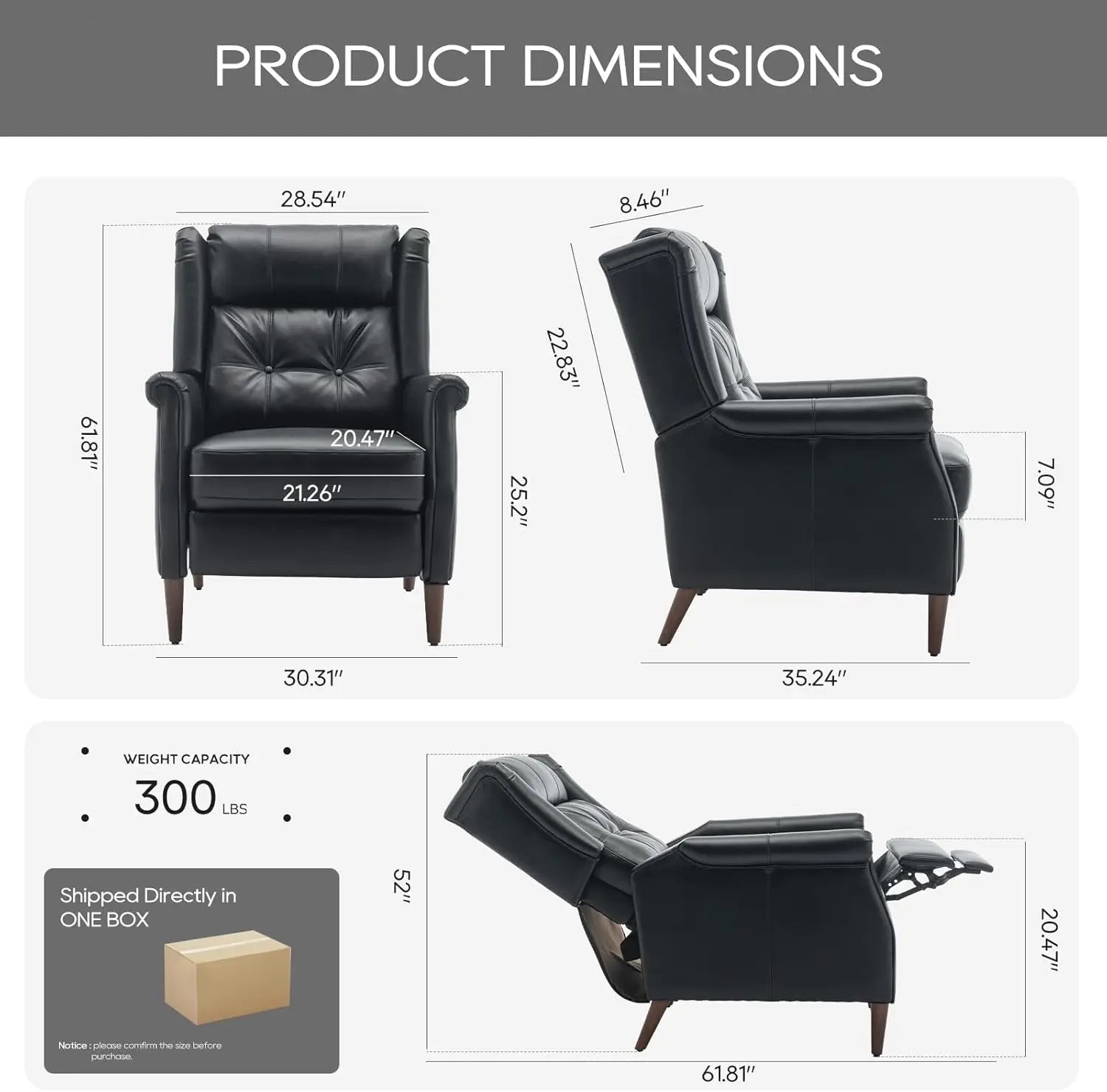 Wingback Pushback Recliner Chair, Modern Upholstered Leather Living Room Chair Armchair with Button Tufted Back, Black