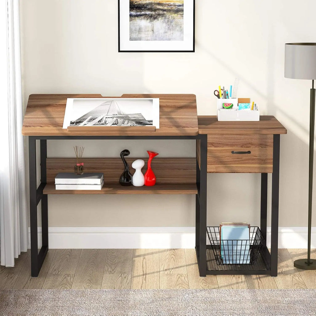 Drafting Table with Storage Drawers, Drawing, Computer Desk, Artist Craft Table, Painting, Workstation with Shelves & Tiltable