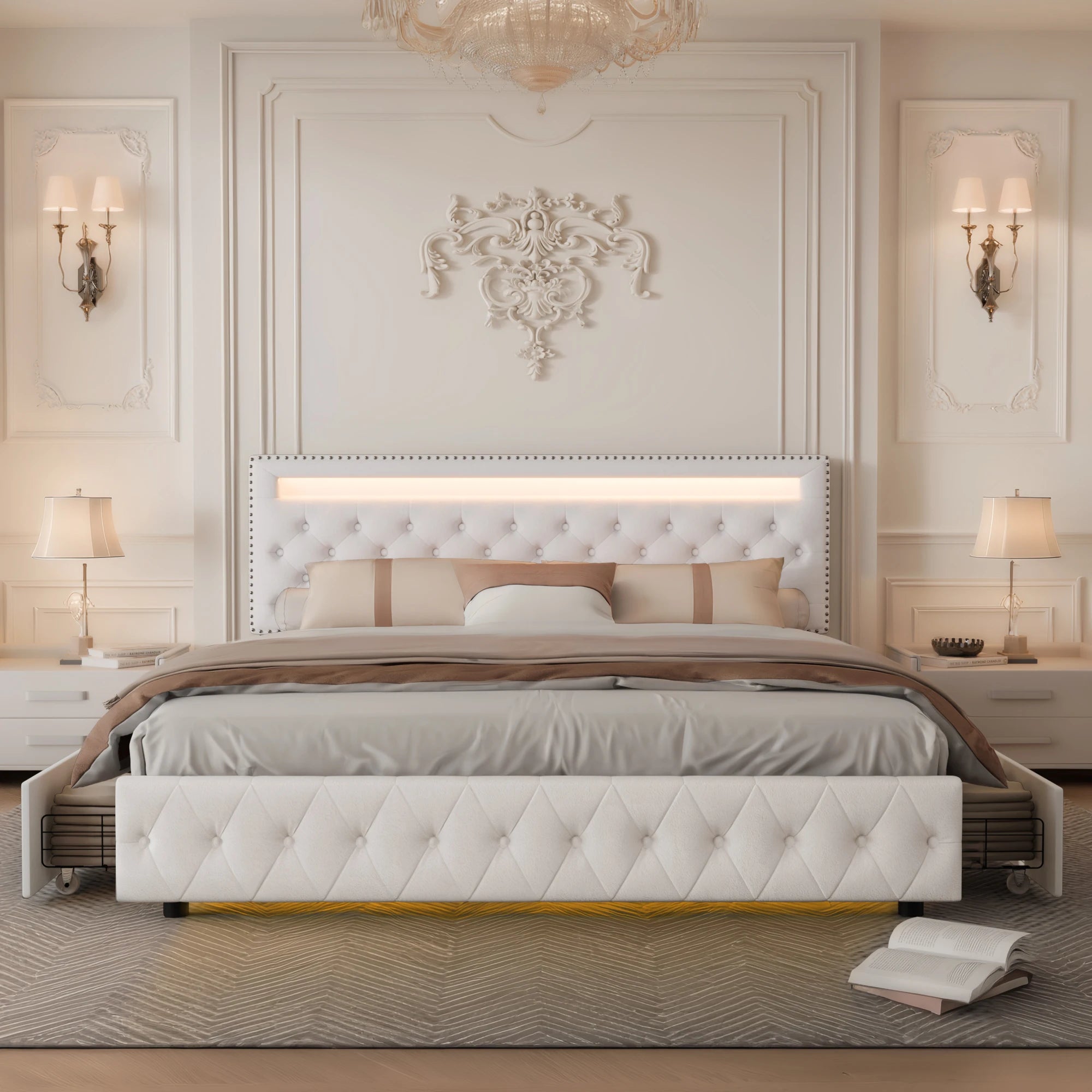 Full Size LED Bed Frame with Storage Drawers, RGBW Lights, Adjustable Headboard, No Box Spring, PU/Velvet Upholstered