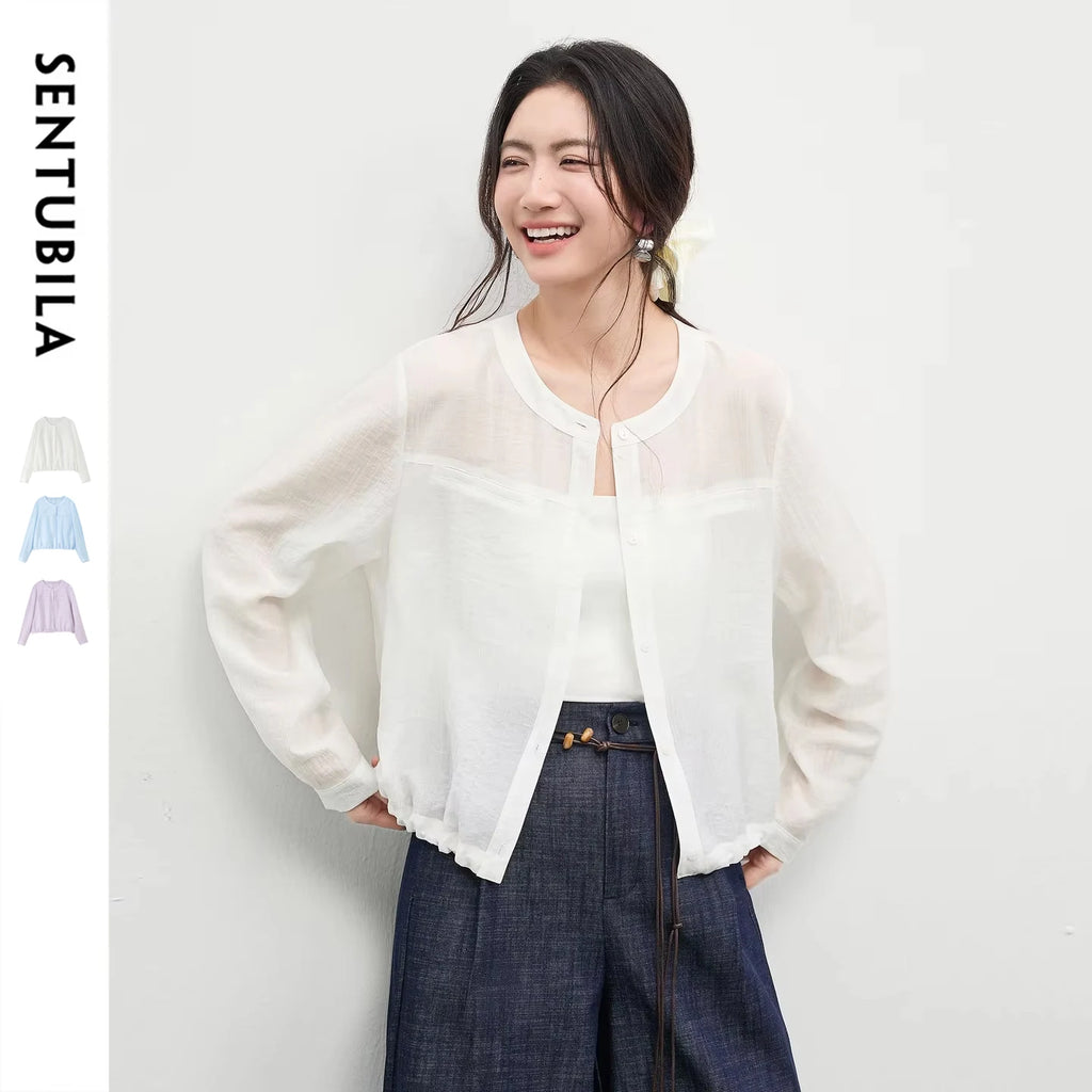 SENTUBILA Women's Oversized Lyocell Shirt 2026 Spring Summer Round Neck Long Sleeve Drawstring Sheer Casual Top 161WB5014