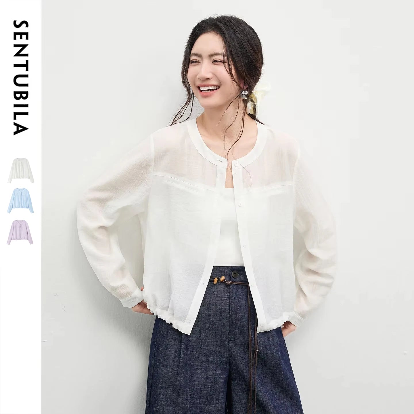 SENTUBILA Women's Oversized Lyocell Shirt 2026 Spring Summer Round Neck Long Sleeve Drawstring Sheer Casual Top 161WB5014