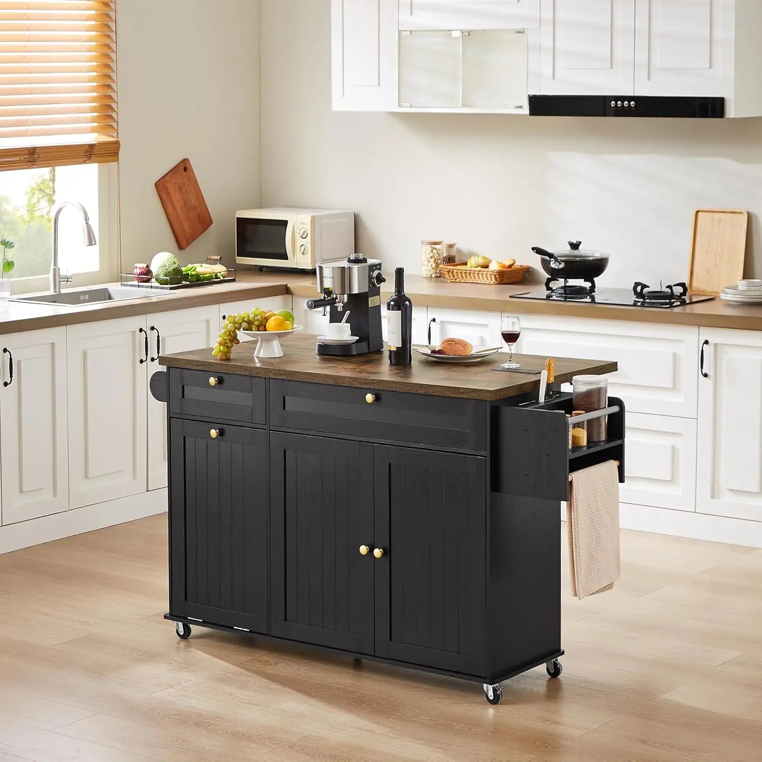 60" Kitchen Island with Power Outlet & Drop Leaf, Kitchen Rolling Island with Spice Rack & Towel Rack, Knife Holder