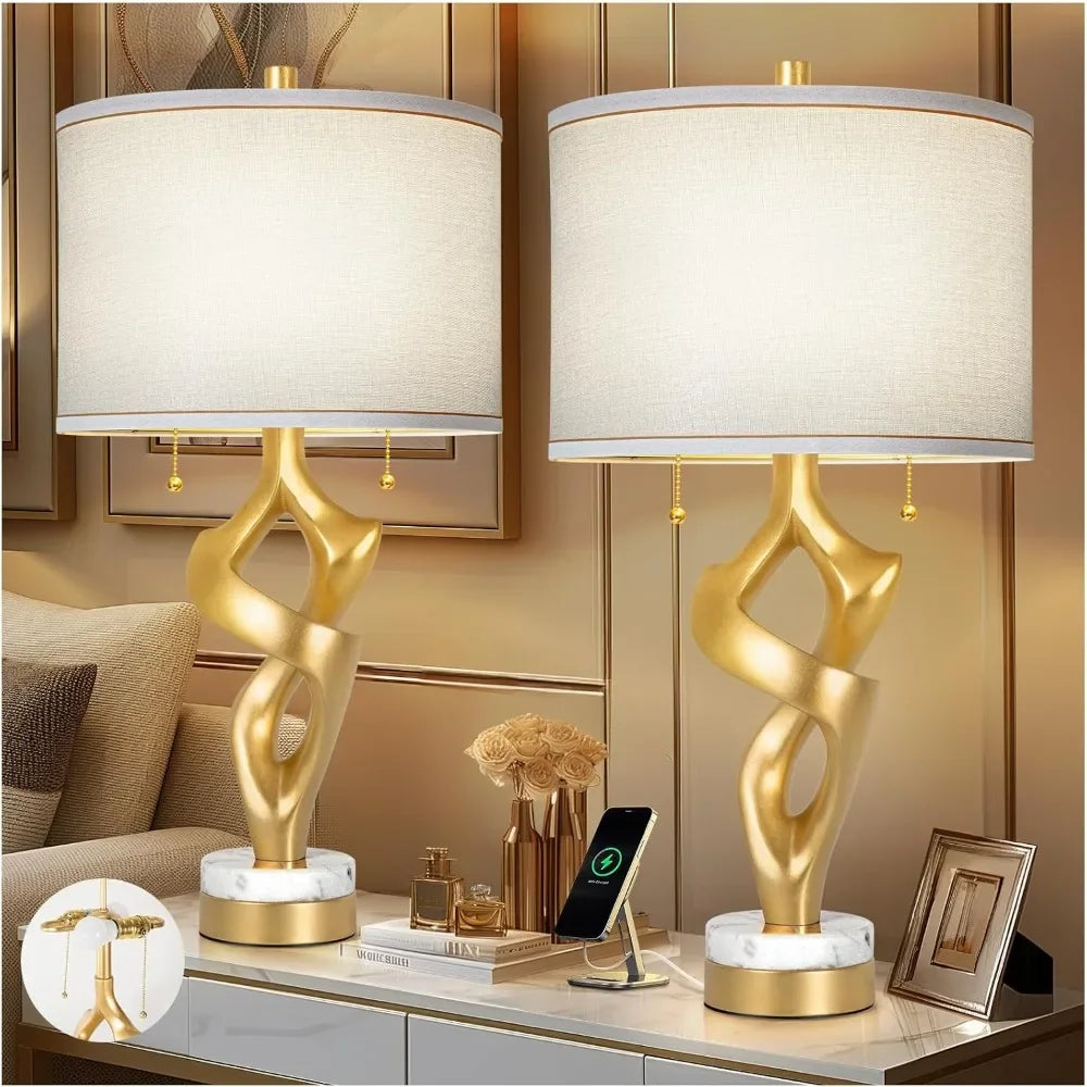 Customizable Scenekoy Sculptural Table Lamp Set of 2 for Living Room with Marble Base & USB Ports, Gold Leaf Finish Rustic
