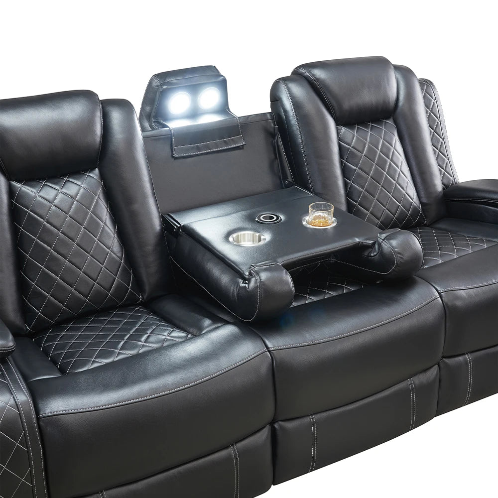 Power Reclining Sofa Couch with Wireless Charger/ 3 Seater Recliner/Reading Light Leather/ Bluetooth Speaker/ Theater Seating LED