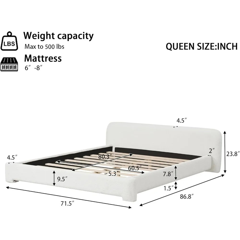 Queen Size Upholstered Bed Frame with Headboard, Boucle Fabric Platform Bed Base, Wood Support Bed