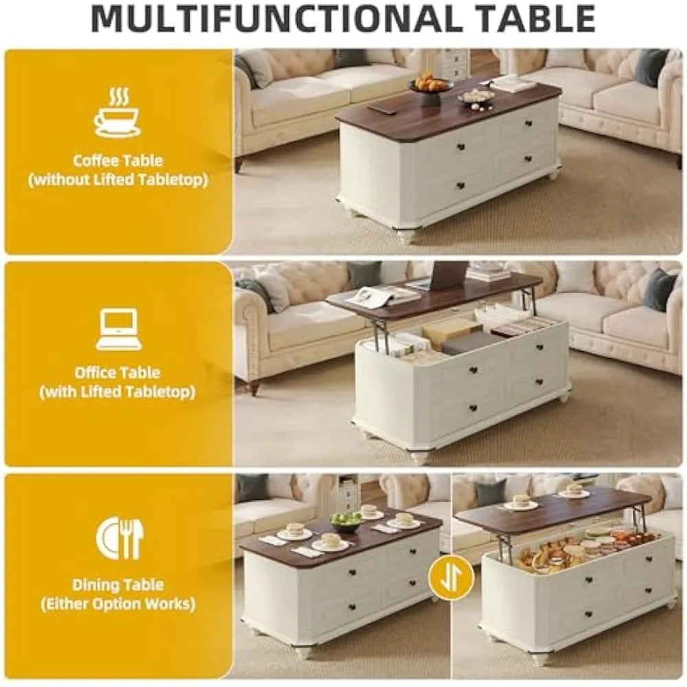 Lift Top Coffee Table with Storage, Farmhouse Wood Central Table w/Large Hidden Compartment, 2 Storage Drawers, Lift Tabletop