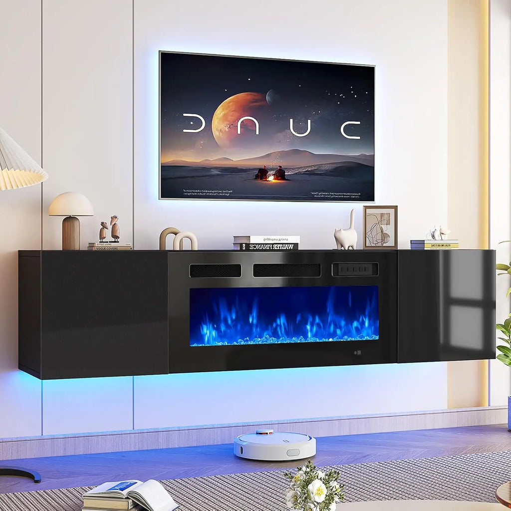 70" Floating TV Stand with 36" Electric Fireplace, Wall Mounted Fireplace Entertainment Center with Storage