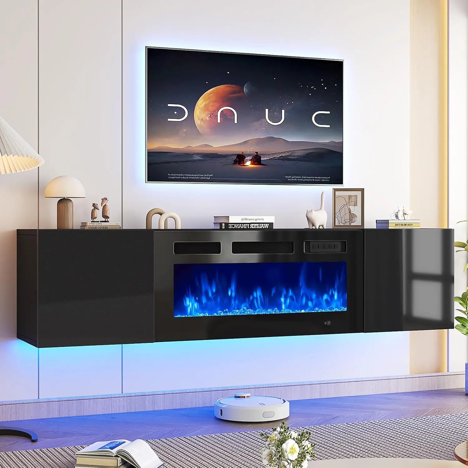 70" Floating TV Stand with 36" Electric Fireplace, Wall Mounted Fireplace Entertainment Center with Storage