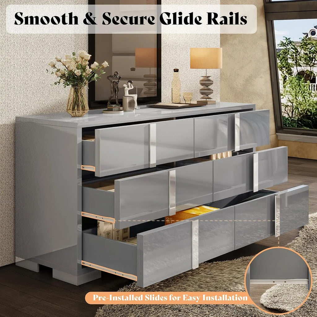 Modern Storage Chest of Drawers with Wide Tabletop,54" W High Gloss 6 Drawers Dresser with Silver Grooved Handles