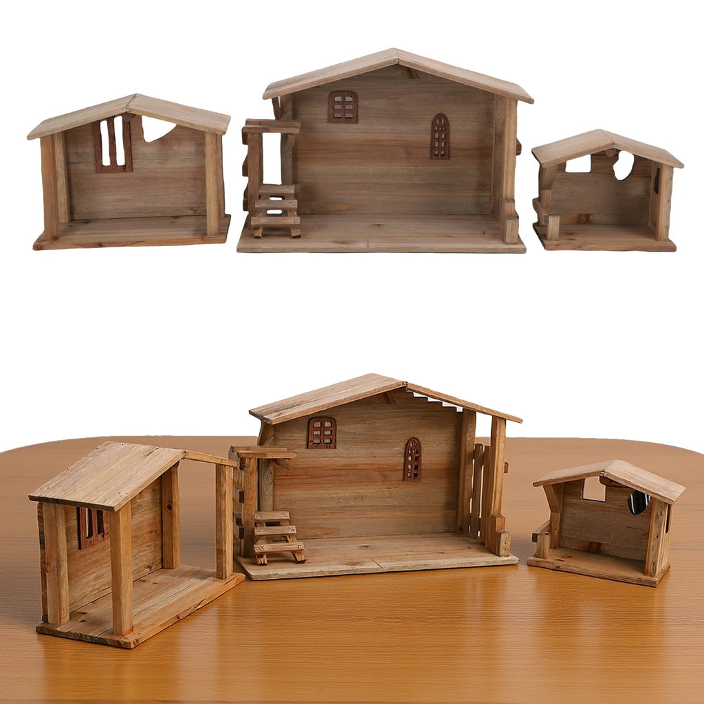 Wooden Christmas Stable Decor - Solid Wood Rustic Stackable House Ornament for Tabletop, Fireplace, Kitchen & Holiday DIY