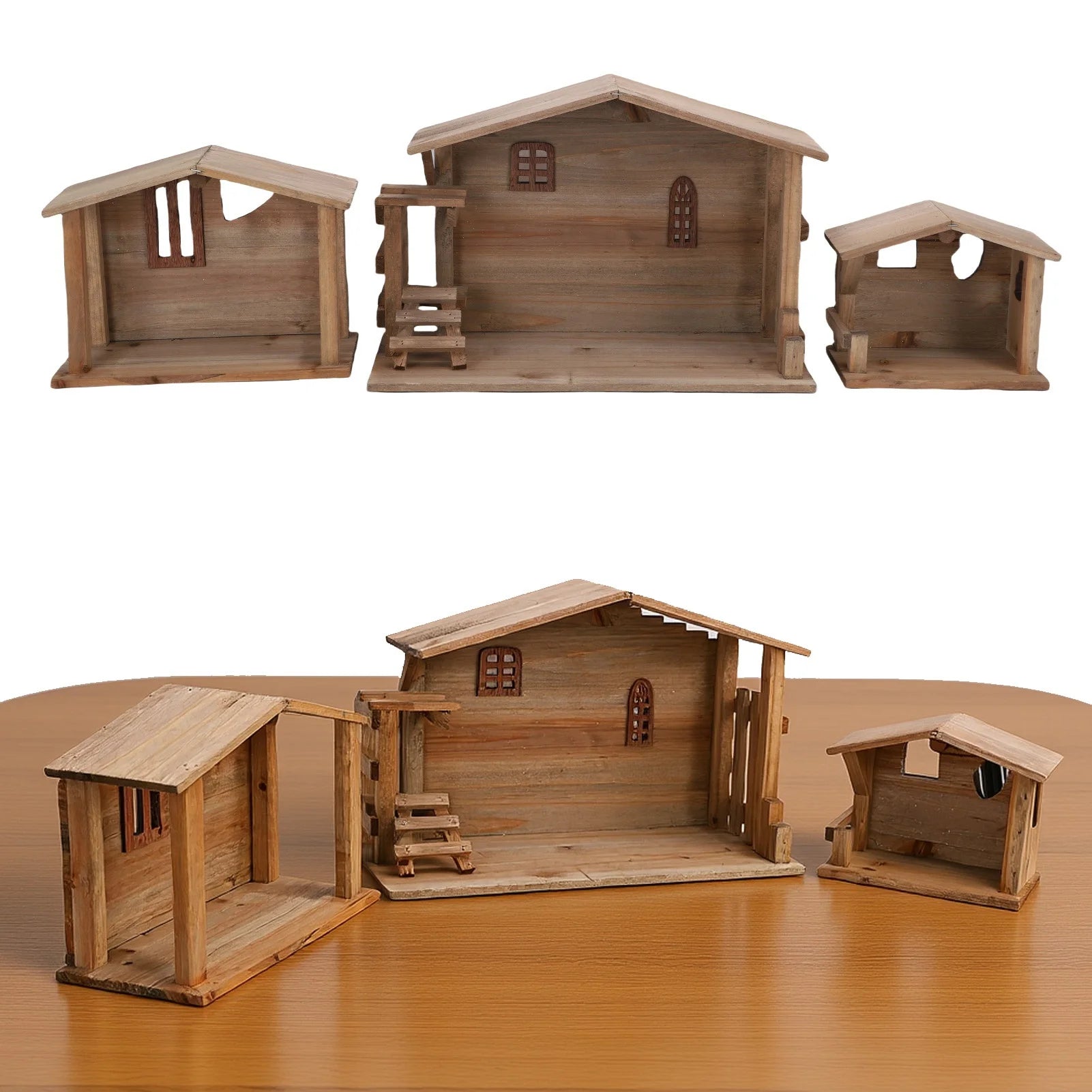Wooden Christmas Stable Decor - Solid Wood Rustic Stackable House Ornament for Tabletop, Fireplace, Kitchen & Holiday DIY