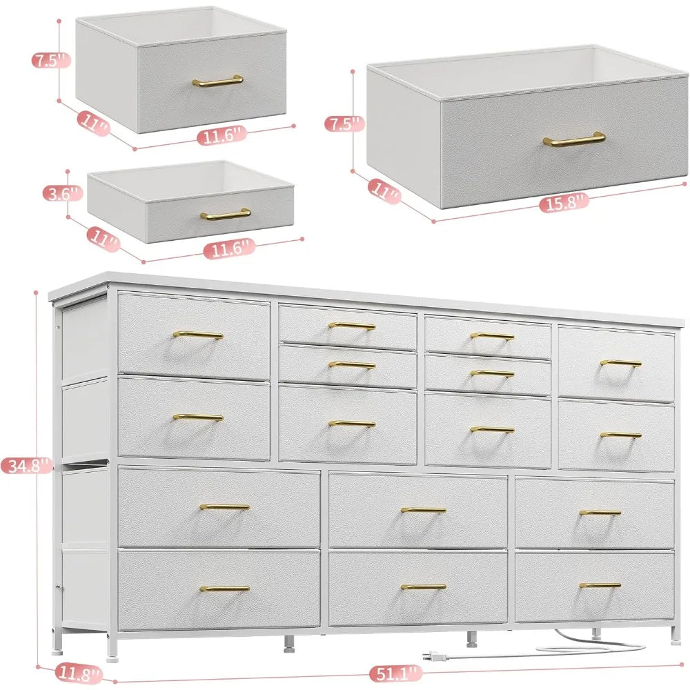Dresser TV Stand with Power Outlets for 60" TV Stand for Bedroom White Dresser for Bedroom with 16 Drawers, Entertainment Center