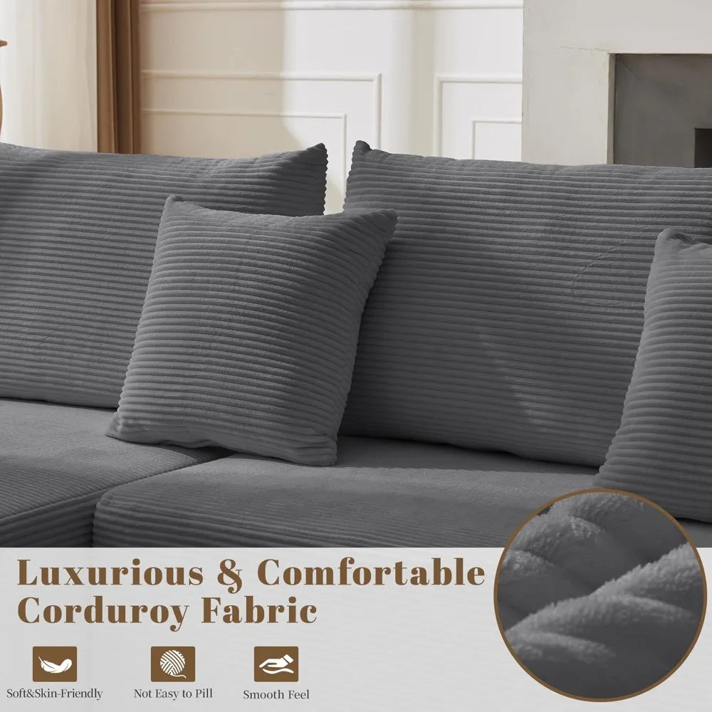 Cloud Sectional Couch Corduroy L-Shape Chaise Modular Sofa Deep Seat Boneless Couch Upholstered Living Room Furniture