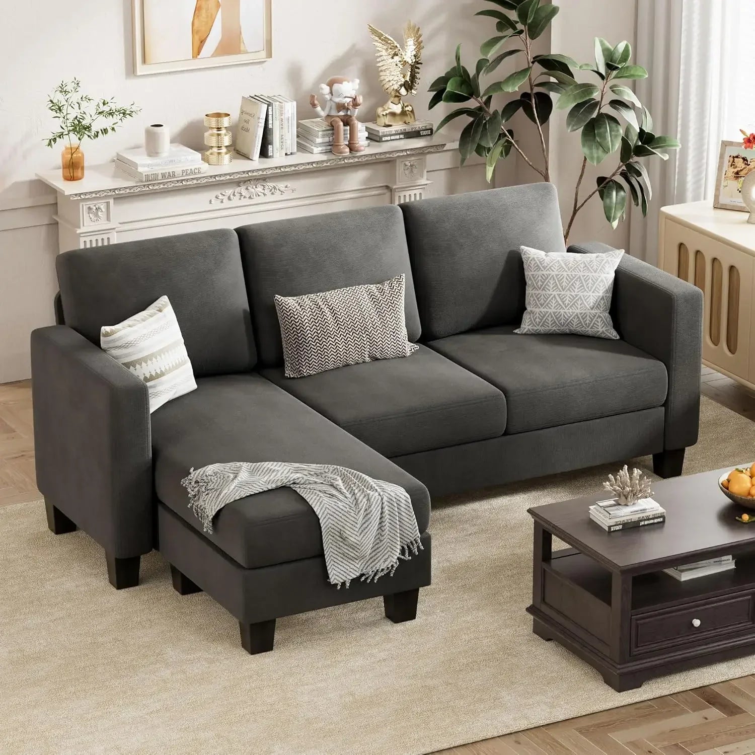 The New-Convertible Sectional Sofa Couch, 3 Seat L-Shaped Sofa With Linen Fabric Ottoman Small Couch For Small Apartments, Dark