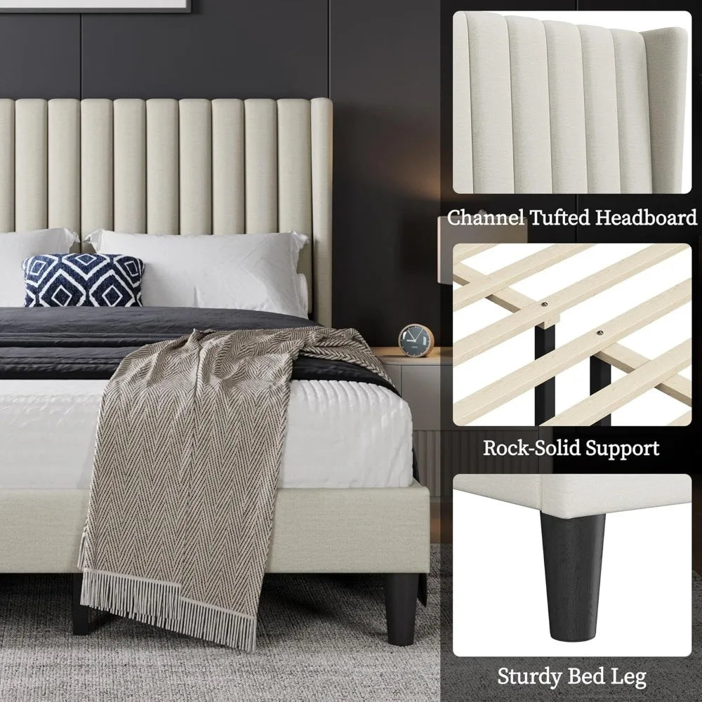 Full Bed Frame Upholstered Platform Bed with Fabric Headboard