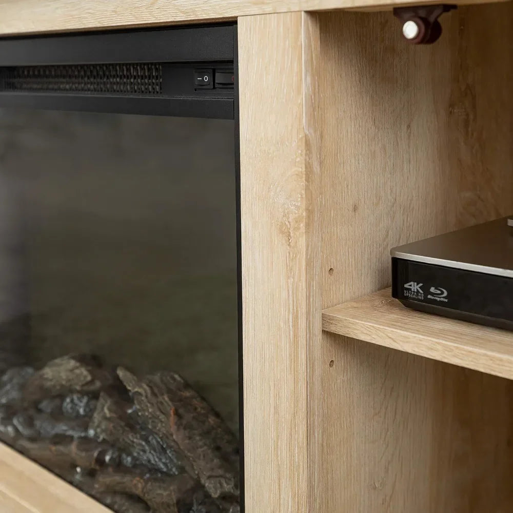 Rustic Wood And Glass Fireplace TV Stand For TV's Up To 64" Flat Screen Living Room Storage Cabinet Doors