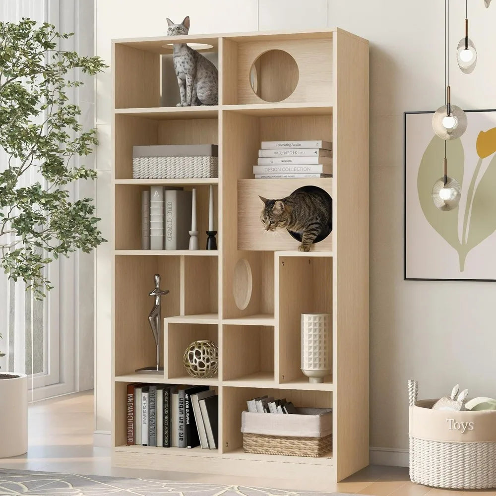 5-Tier Pet-Themed Bookshelf: Stylish Furniture with Cat-Friendly Tree Shelves and Round Hollow Door