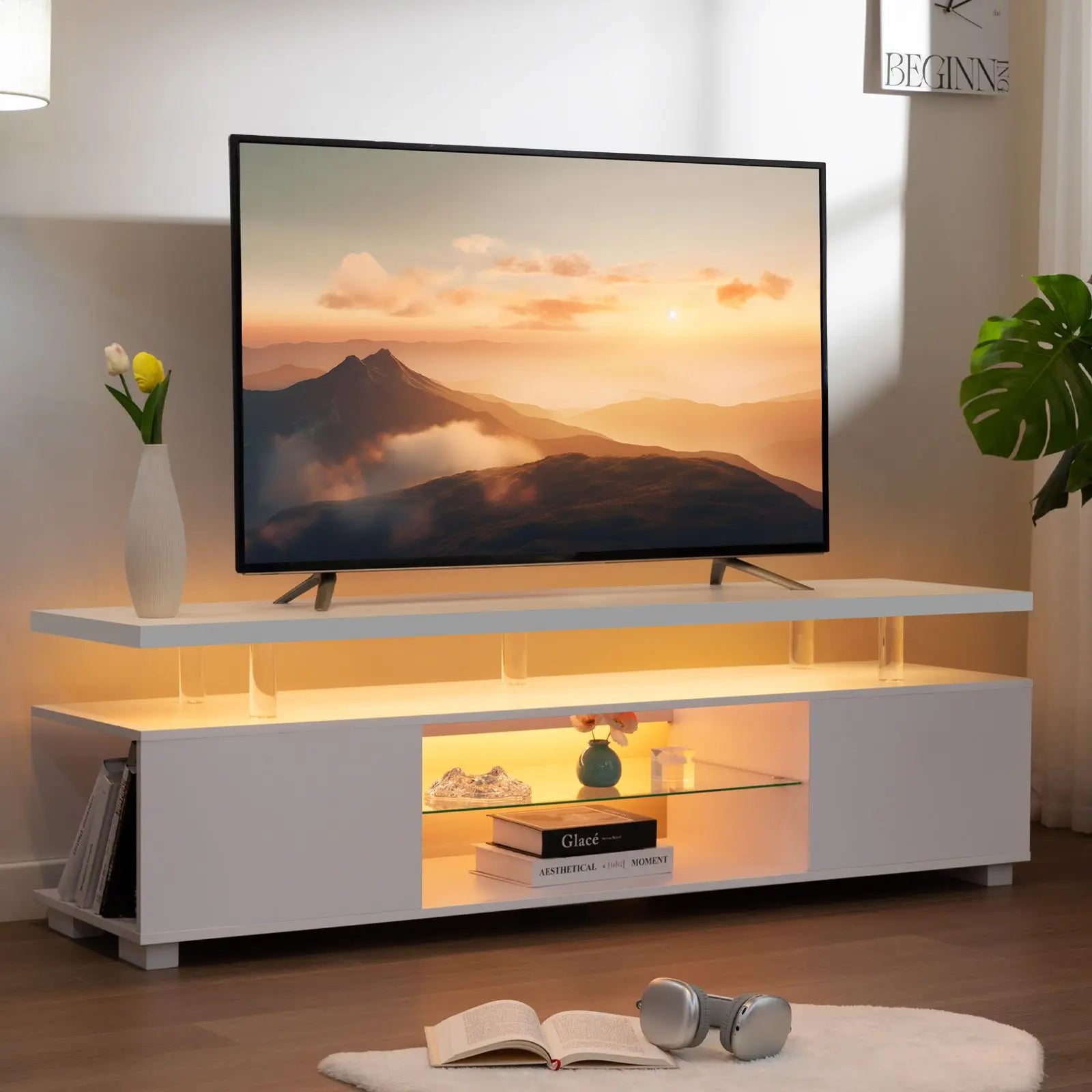 Cubehom LED TV Stand White Entertainment Center, Gaming Center for 60- 65inch TV with Storage, TV Stands for Gaming/ Living