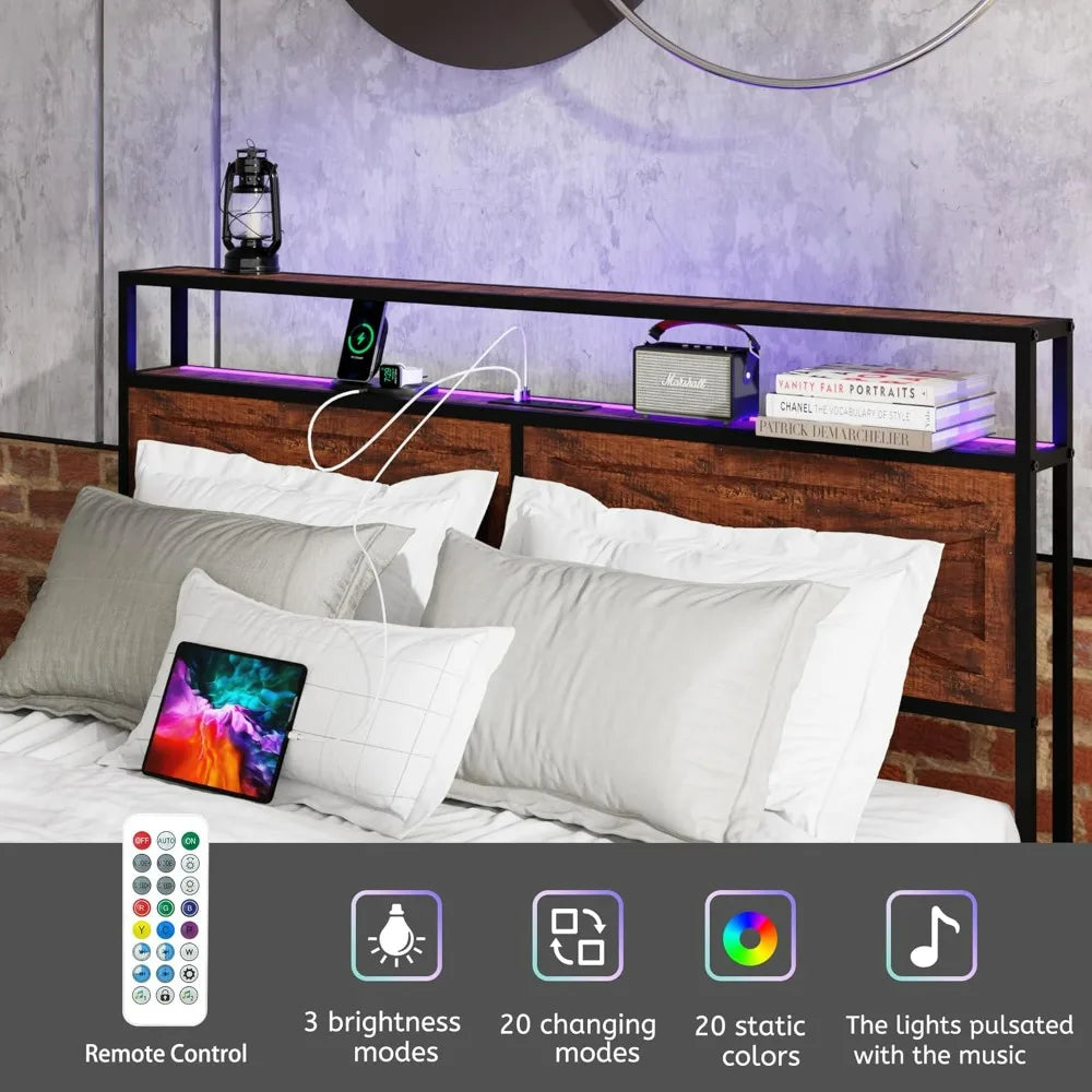 Queen Size Bed Frame with Storage, 12 Drawers, LED Lighting, Metal Slat Support Mattress Foundation