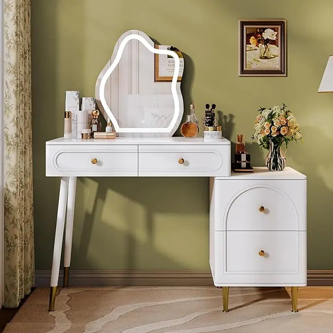 31.5" Brown Stylish Corner Makeup Vanity Table with Lighted Mirror and 4 Spacious Drawers，