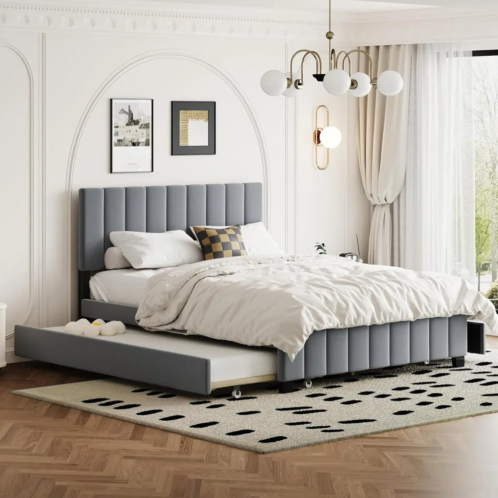Queen Upholstered Platform Bed with Storage Drawers and Twin XL Trundle, Wooden Bed Frame, No Box Spring Needed