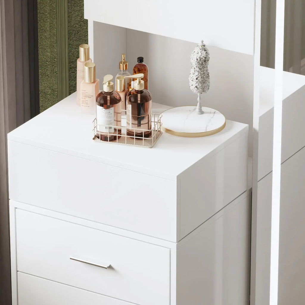 Makeup Vanity Desk with Mirror and Lights, Dressing Table， Vanity Desk , Storage Shelves, 3 Colors Lighting Full-Length
