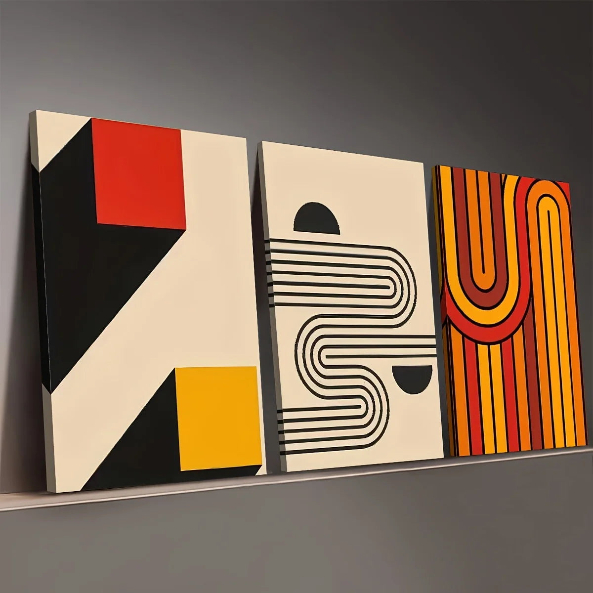 Bohemian Abstract Geometric Line 3-Piece Framed Canvas Wall Art Set, Modern Living Room Sofa Background Decorative Painting, High-Definition Giclee Prints, Ready to Hang（Local Warehouse Fast Shipping）