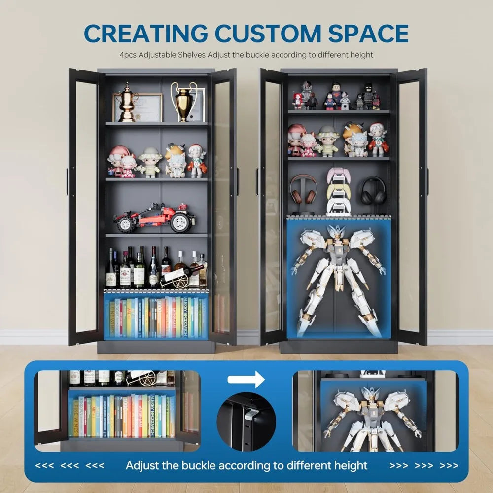 67" Glass Door Display Cabinet with 4 Adjustable Shelves, Heavy Duty Steel Storage Case for Home Office