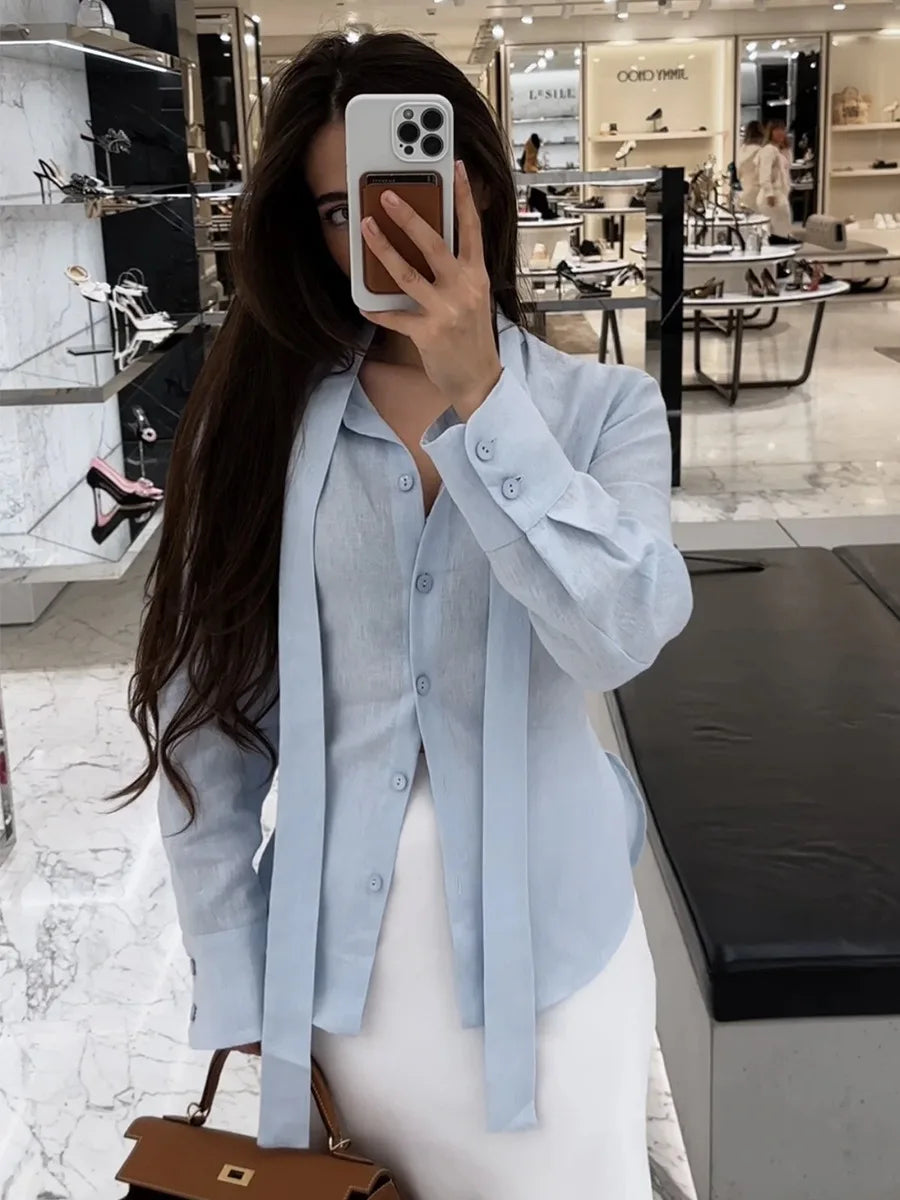 New Autumn Tie Belted Shirt Women's  Floating Ribbon Cardigan Top Commuting 100% Cotton Slim Blouse
