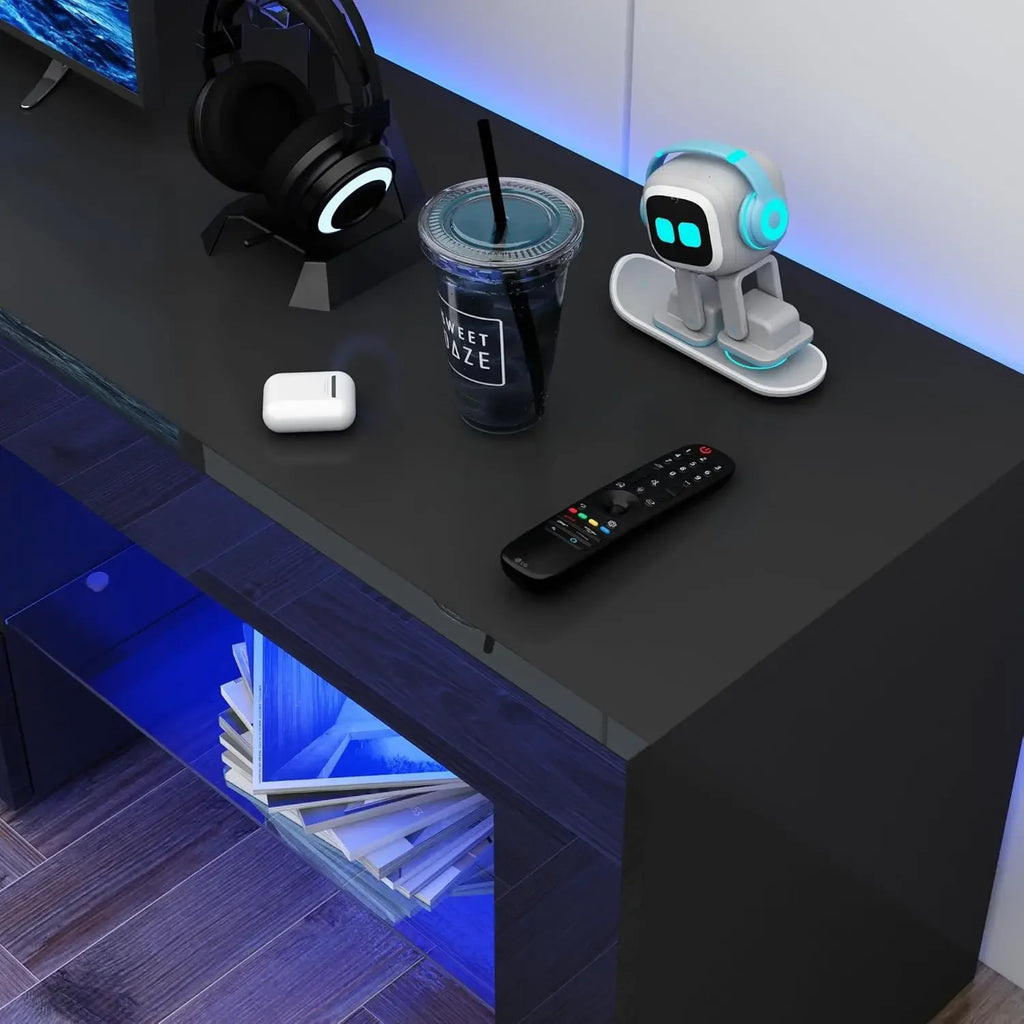 LED TV Stand for 75/85/90 inch TV, High Glossy Modern Entertainment Center with Drawer and Led Lights, Television Table Media