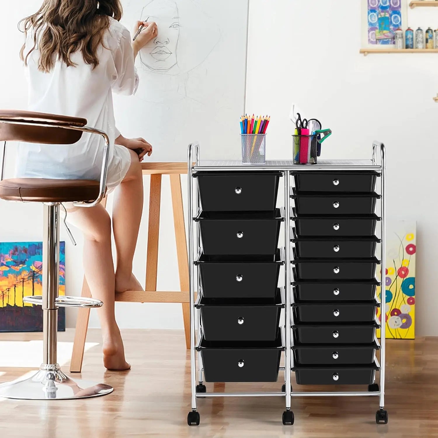 15 Drawers Rolling Storage Cart/ Multipurpose Mobile Rolling Utility Storage Organizer Cart/ Tools/ Scrapbook Paper Organizer